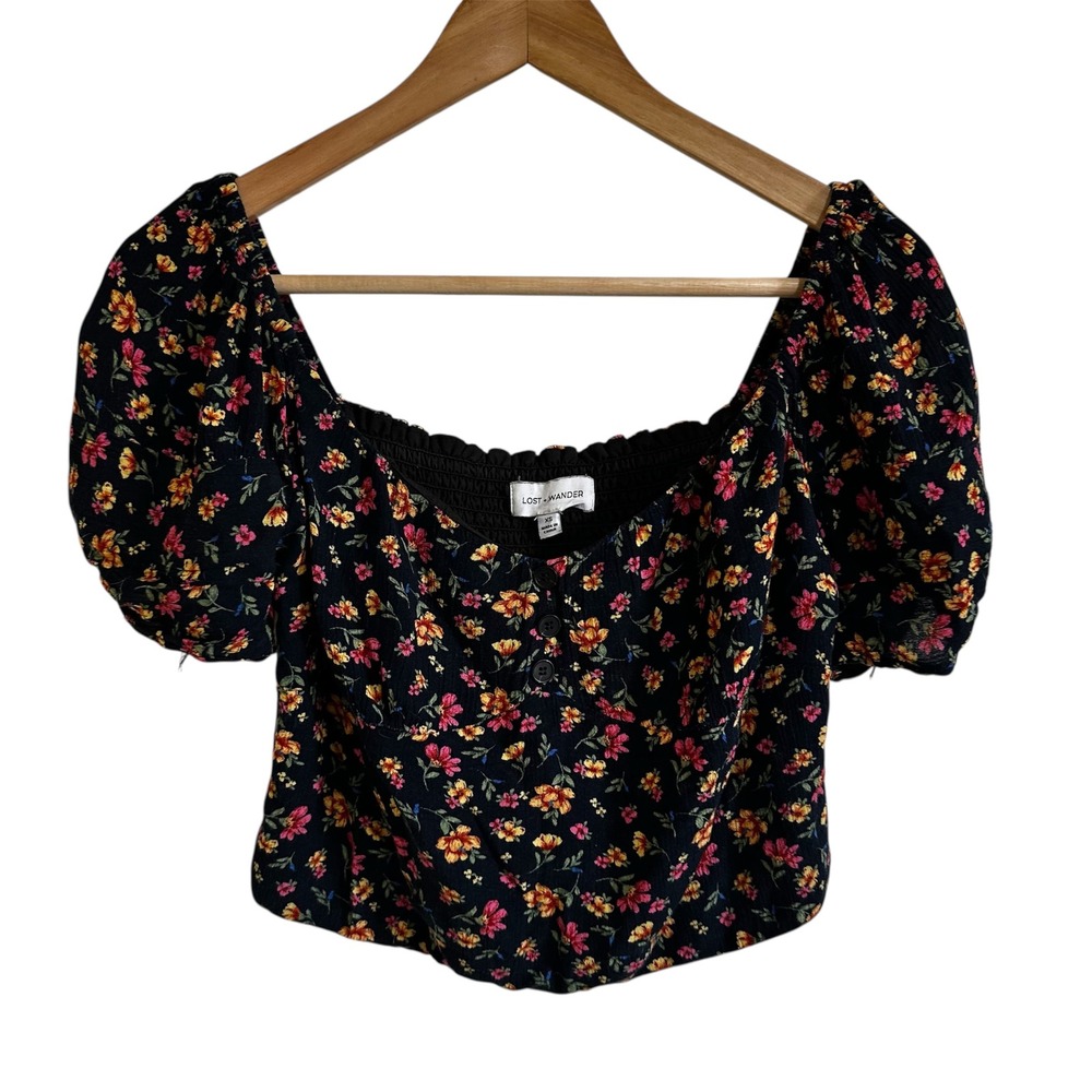 Lost + Wander Floral Crop Top Smocked Puff Sleeve Sweetheart Neck XS